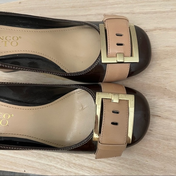 Franco Sarto Brown & Tan Leather Buckle Toe Block High Heel 5.5 - Picture 5 of 8